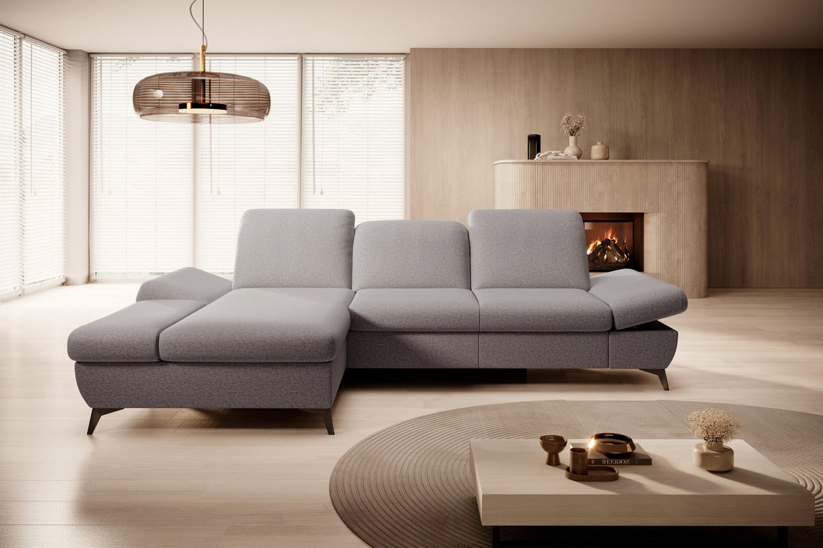 ECKSOFA FELICE L-S Grau Geflochtener Stoff mit Schlaffunktion - Grau, Holz (284/166cm) - MASSENO