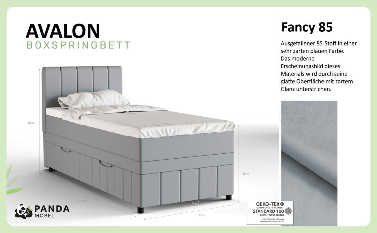 BOXBETT AVALON 90 x 200 cm mit Bettkasten und Topper - Hellgrau - Hellgrau, Holz - Panda Möbel