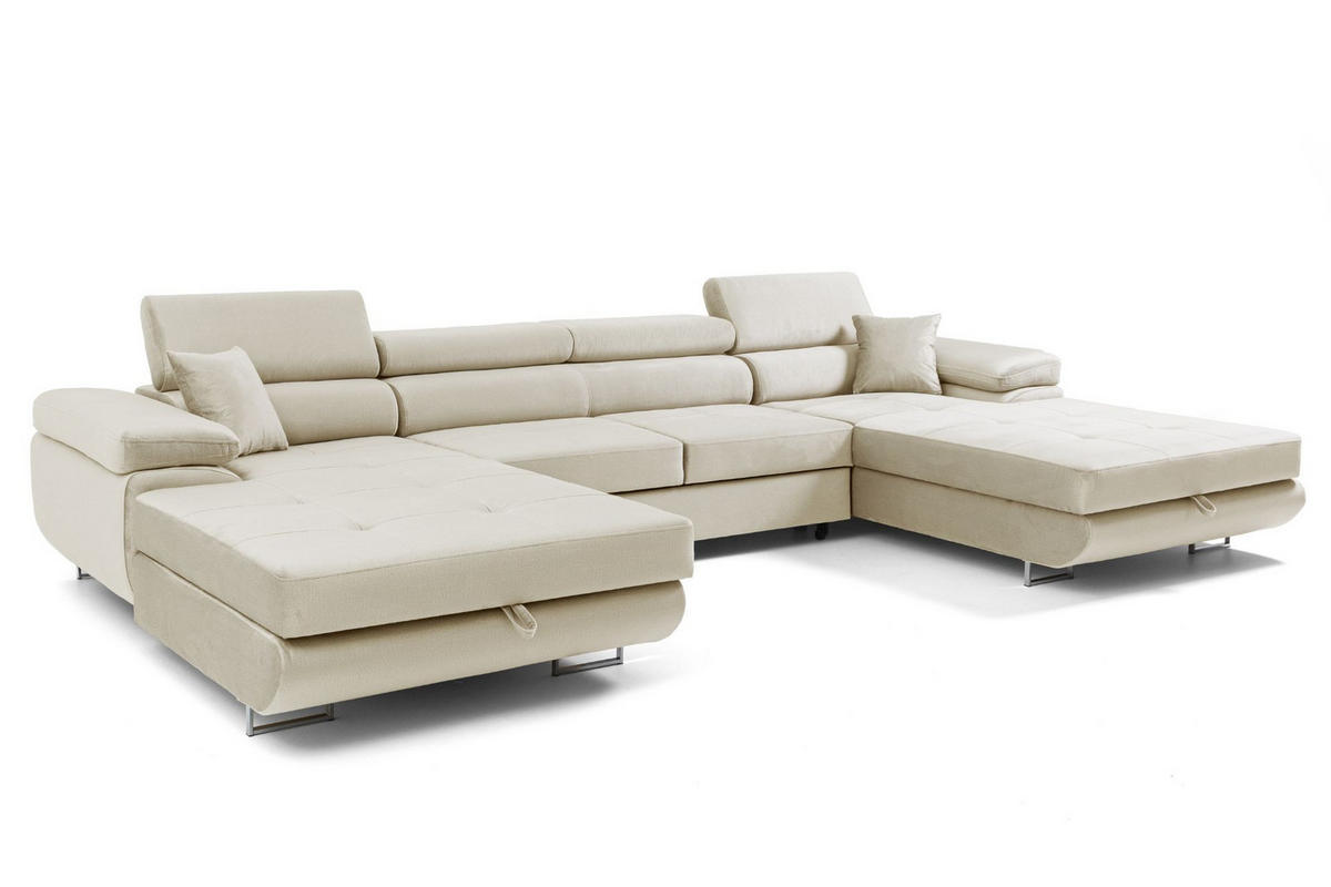 ECKSOFA U-Form ALONZO U mit Schlaffunktion 130x280 Velours Beige - Beige/Silberfarben, Holz/Textil (350/90/203cm) - Muffo