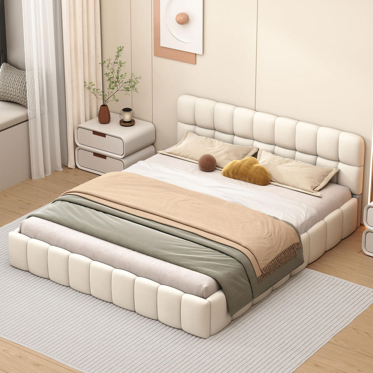 POLSTERBETT 140x200 cm, doppelbett, mit modernem wellenförmigem Kopfteil, aus weichem Leinenstoff in beige - Beige, Holz/Textil (140/200cm) - BRILVERDE