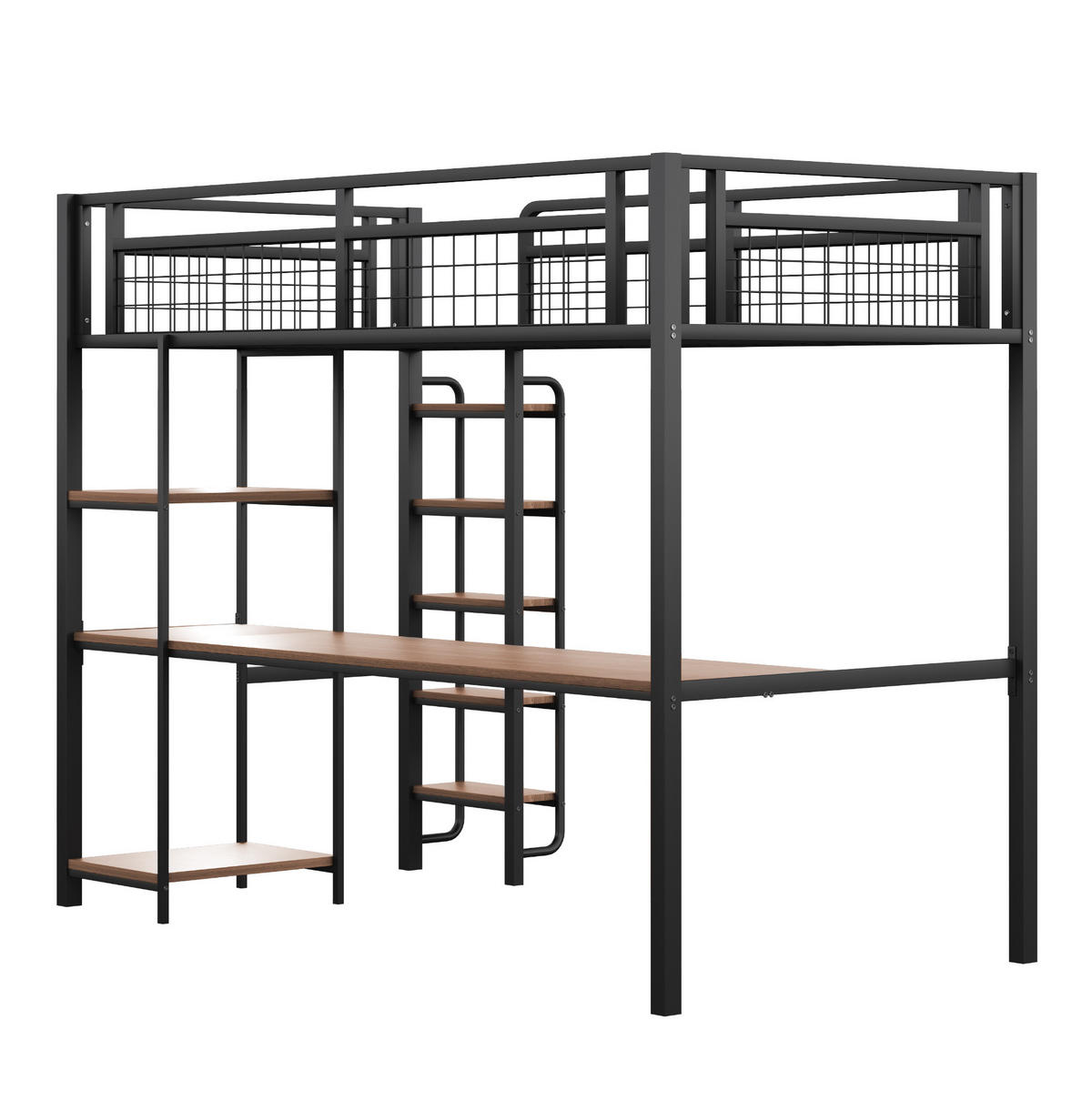 HOCHBETT 90/200 cm mit Schreibtisch, Regalen, Sicherheitsleiter und Metallgitter, Schwarz - Schwarz, Metall (90/200cm) - Redom