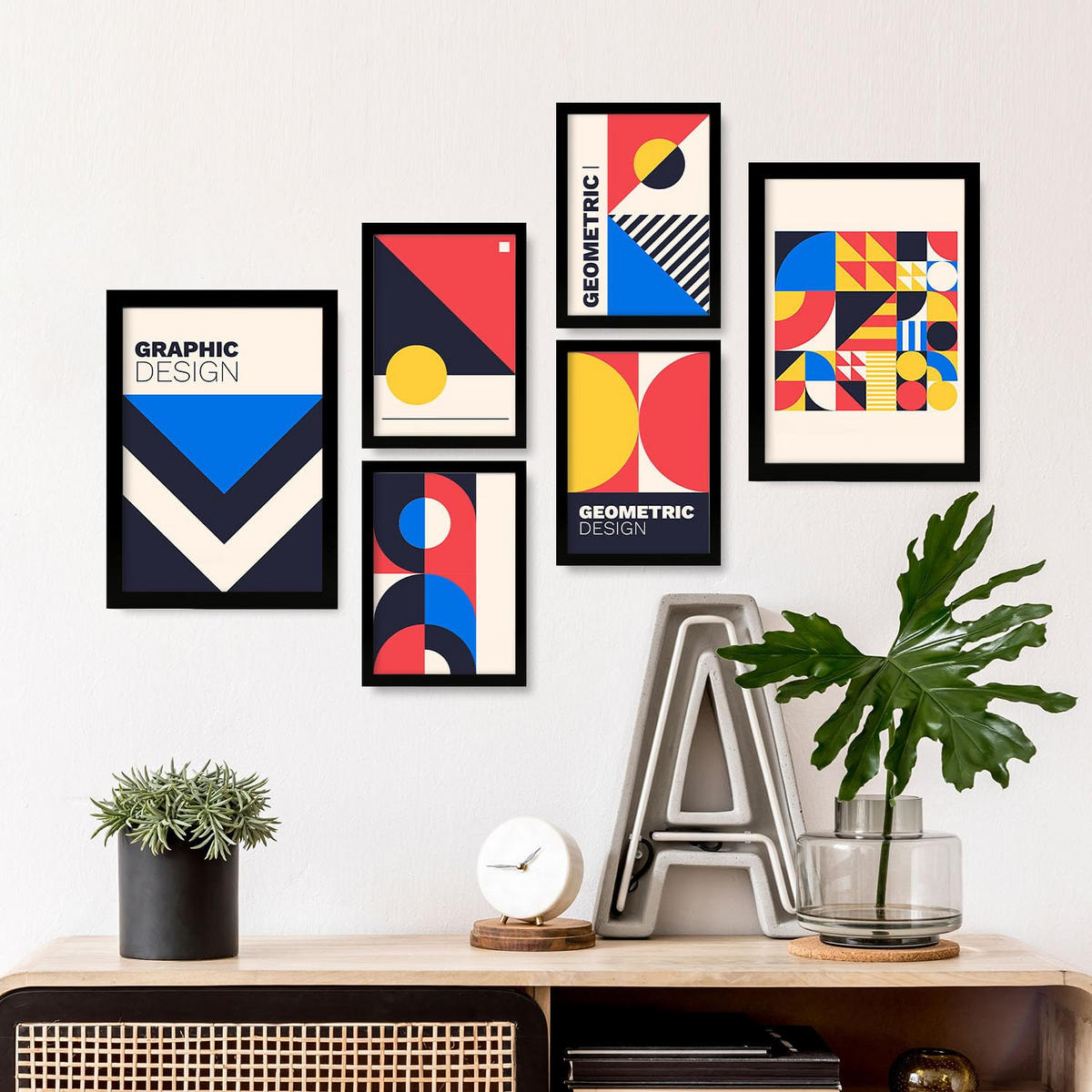 POSTER Set Mit 6 Drucken Im Bauhaus 1 Geometrische Designkollektion Drucke Mit Ästhetische Dekorative Rahmen Für Zuhause A3 & A4 Schwarzer Rahmen - Schwarz, Papier (29/3cm) - Nacnic
