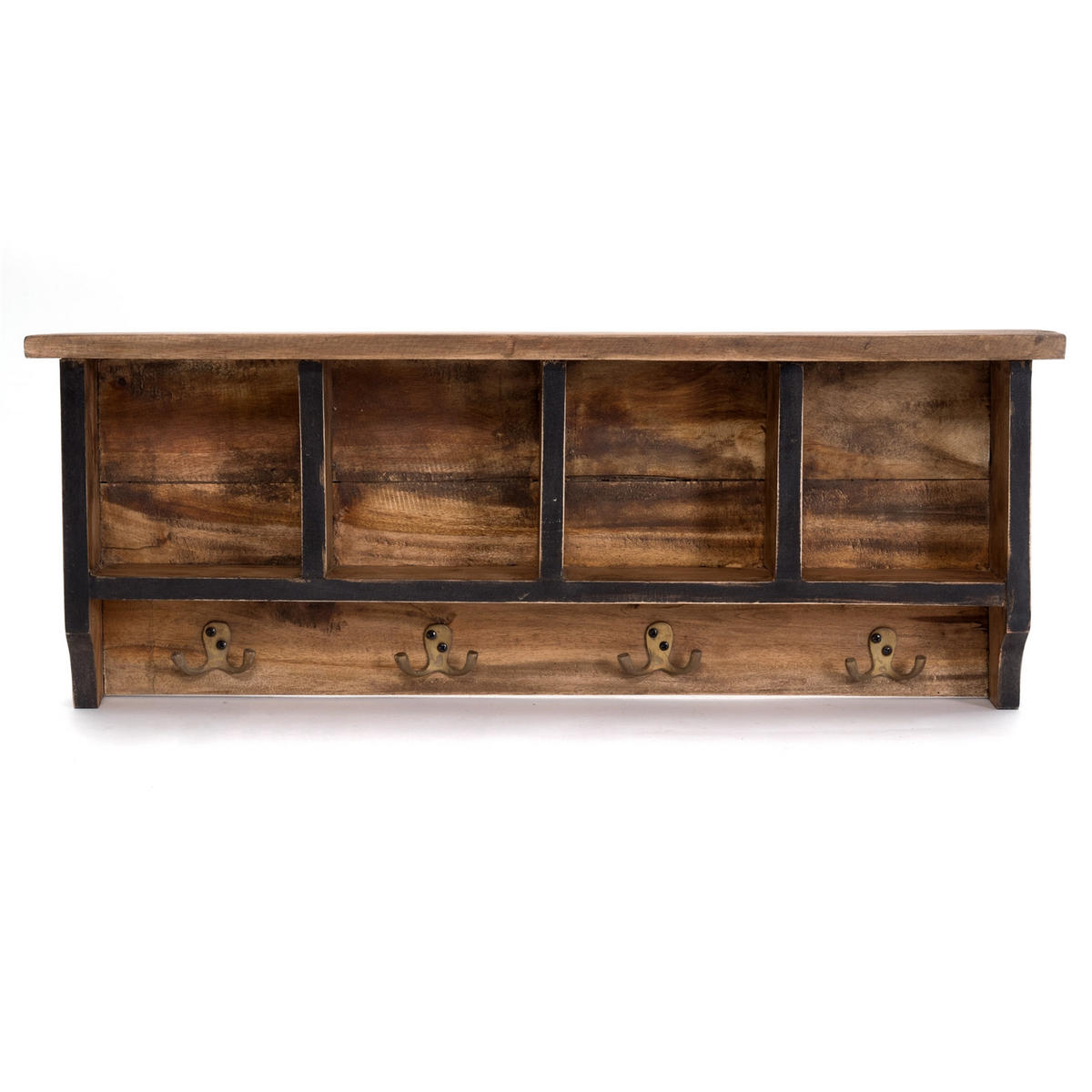 WANDGARDEROBE VINTAGE 70 Recyclingholz massiv, 4 Doppelhaken, 4 Fächer, Ablage 04 schwarz-natur - Graubraun, Holz (70/27/11cm) - DESIGN DELIGHTS