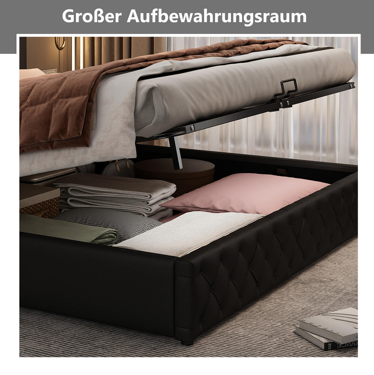 POLSTERBETT 140/190 cm Schwarz mit Stauraum und LED-Beleuchtung aus PU - Schwarz, Kunststoff (140/190cm) - OKWISH