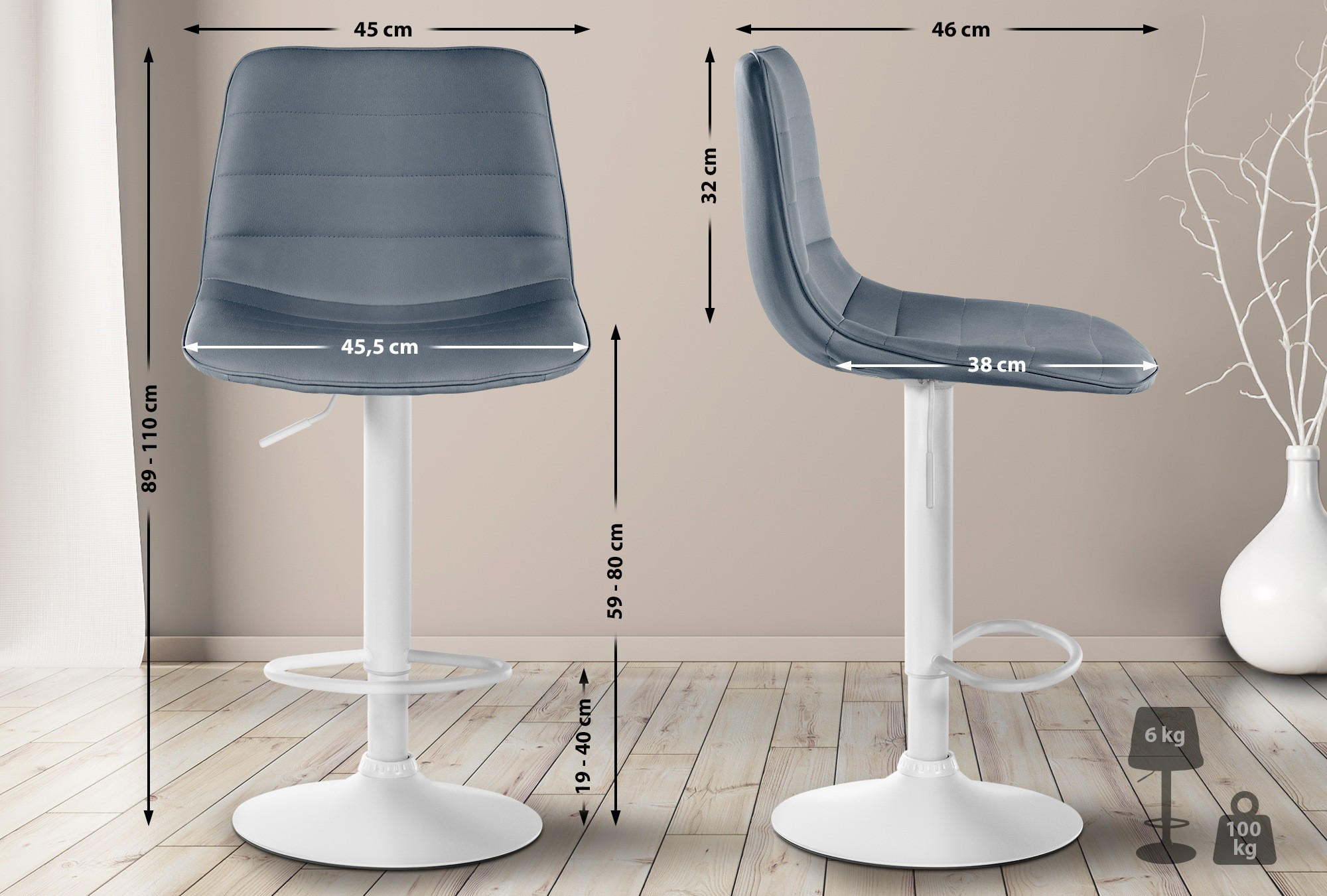 BARHOCKER Lederlook grau - Weiß/Grau, Textil/Metall (45/89/46cm) - CLP