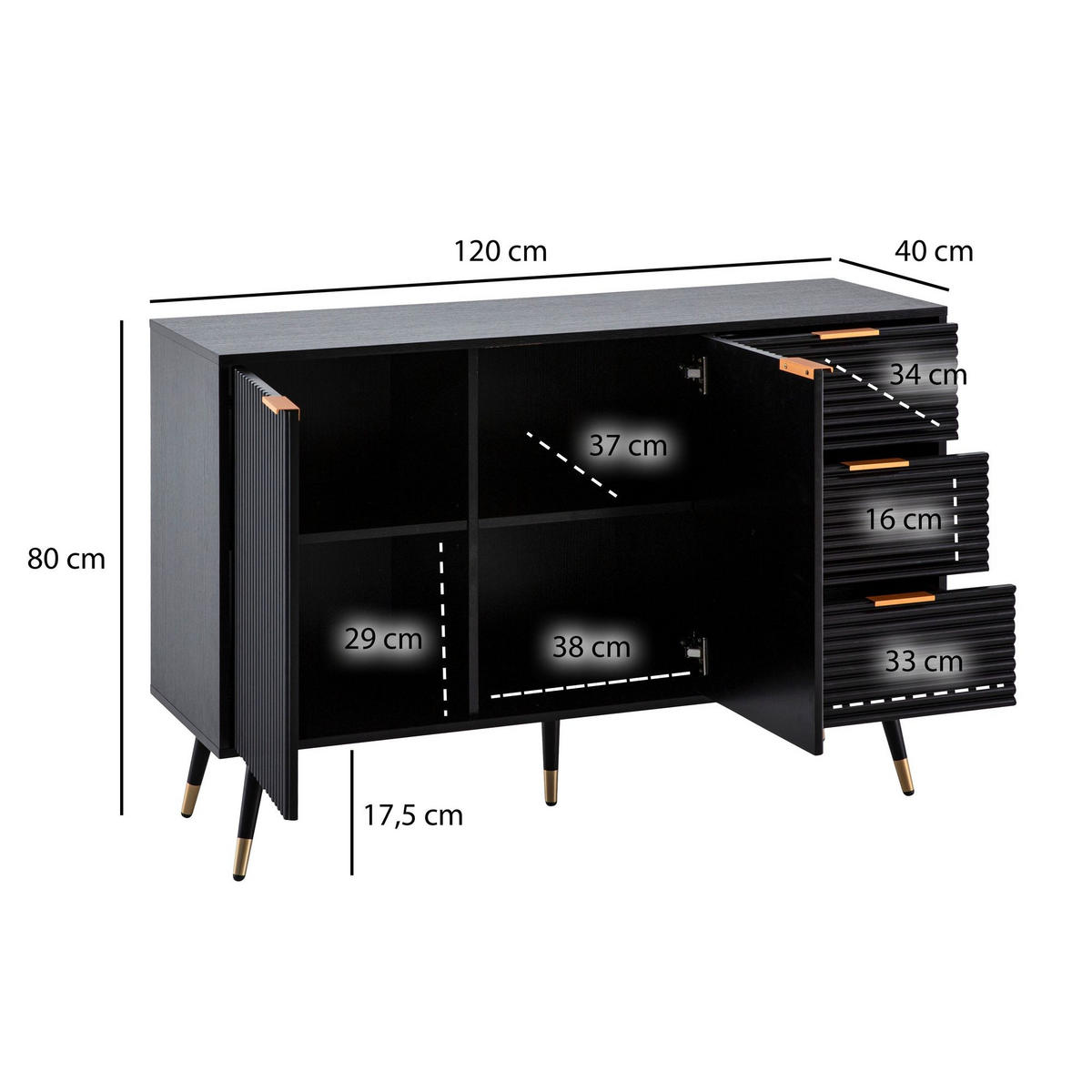 SIDEBOARD – Schwarz/Eiche-Dekor, 120x80x40 cm, mit Türen und Schubladen, Metallbeine - Goldfarben/Schwarz, Holzwerkstoff/Metall (120/80/40cm) - KADIMA DESIGN
