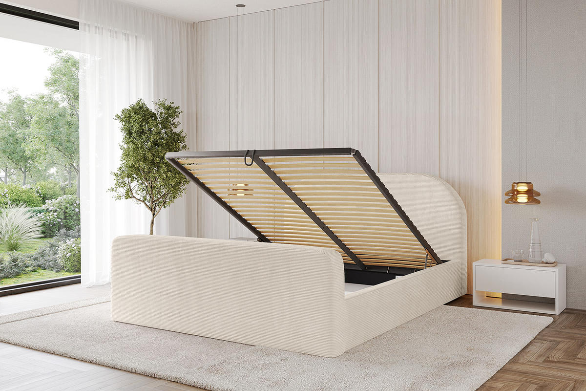 POLSTERBETT mit Bettkasten, Fußteil und Lattenrost, Boxbett mit Matratze H3/H4 - TIVON-Z 180x200 Beige - Creme, Holzwerkstoff/Textil (180/200cm) - ALTDECOR