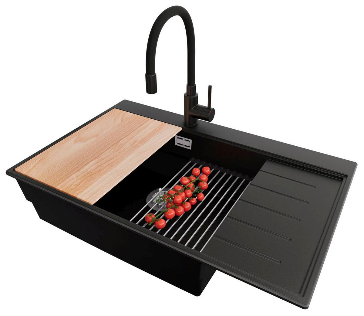 GRANITSPÜLE Sydney, 2-er set Schwarz 78/50 cm 1 Becken + Küchenarmatur 40/38 cm + Ablauf-Set + Küchenzubehörset ab 60er Unterschrank - Chromfarben/Beige, Kunststoff (78/20/50cm) - Primagran