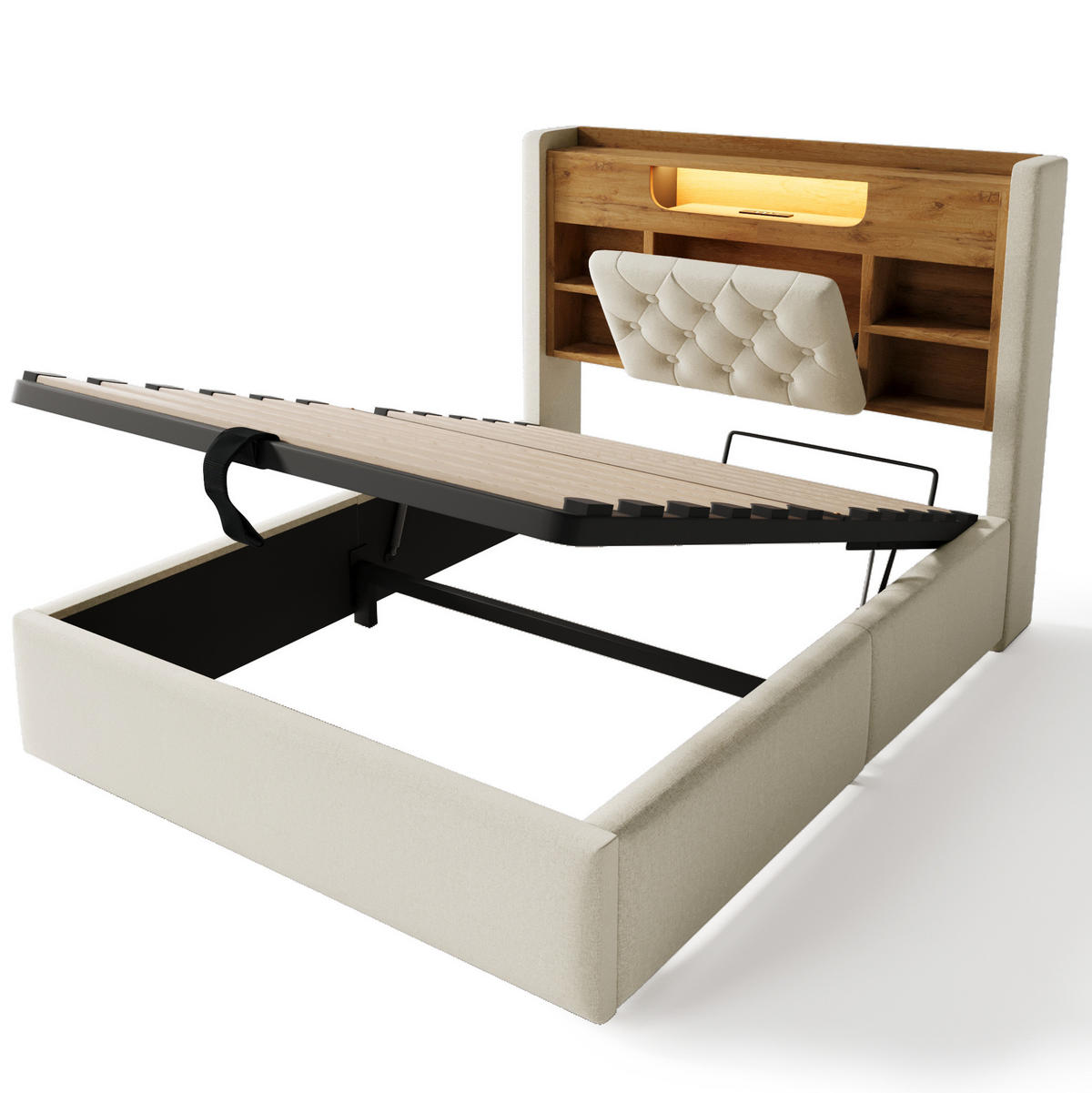 ČALOUNĚNÁ postel 90/200 cm s LED osvětlením, USB/USB-C, úložným prostorem a lněným potahem, Béžová - béžová, textil (90/200cm) - Redom