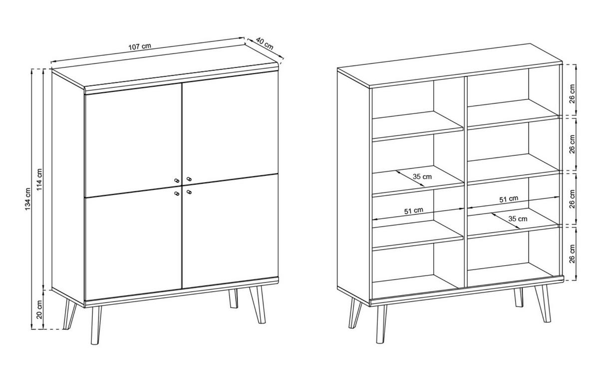 KOMMODE Primo Weiß, Eiche Riviera, Viertürige Kommode - Eichefarben/Weiß, Holzwerkstoff (107/134/40cm) - Bettso