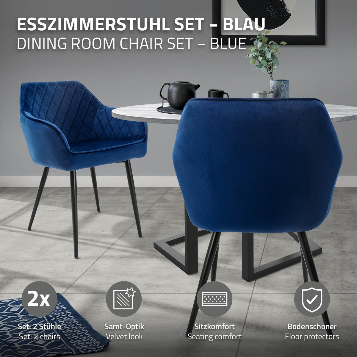 ESSZIMMERSTUHL 6er Set Dunkelblau Samt - Blau/Schwarz, Textil/Metall (63/80/60cm) - ML-DESIGN