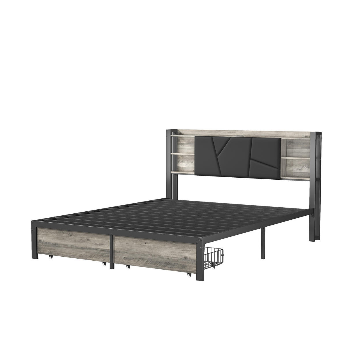 DOPPELBETT 140 x 200 cm, Kopfteil mit LED-Beleuchtung und USB-Anschlüssen, mit 2 Schubladen und Staufächern, PU - Schwarz, Holzwerkstoff - WoodenAura