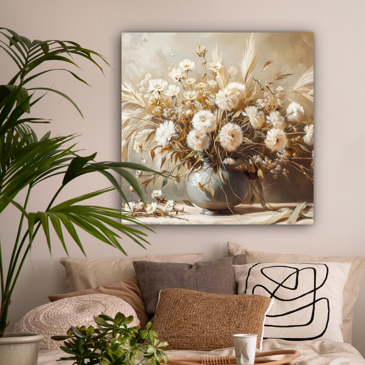 LEINWANDBILD Blumen - Vase - Stilleben - Beige Deko Groß 90x90 cm - Creme, Textil (90/90cm) - MuchoWow