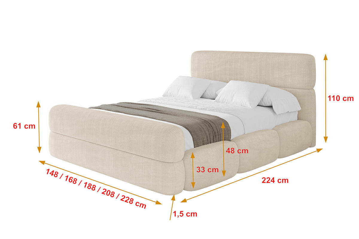 POLSTERBETT mit Bettkasten, Fußteil und Lattenrost, Bett mit Matratze H3/H4 - ELVA-Z 180x200 Beige - Creme, Holzwerkstoff/Textil (180/200cm) - ALTDECOR
