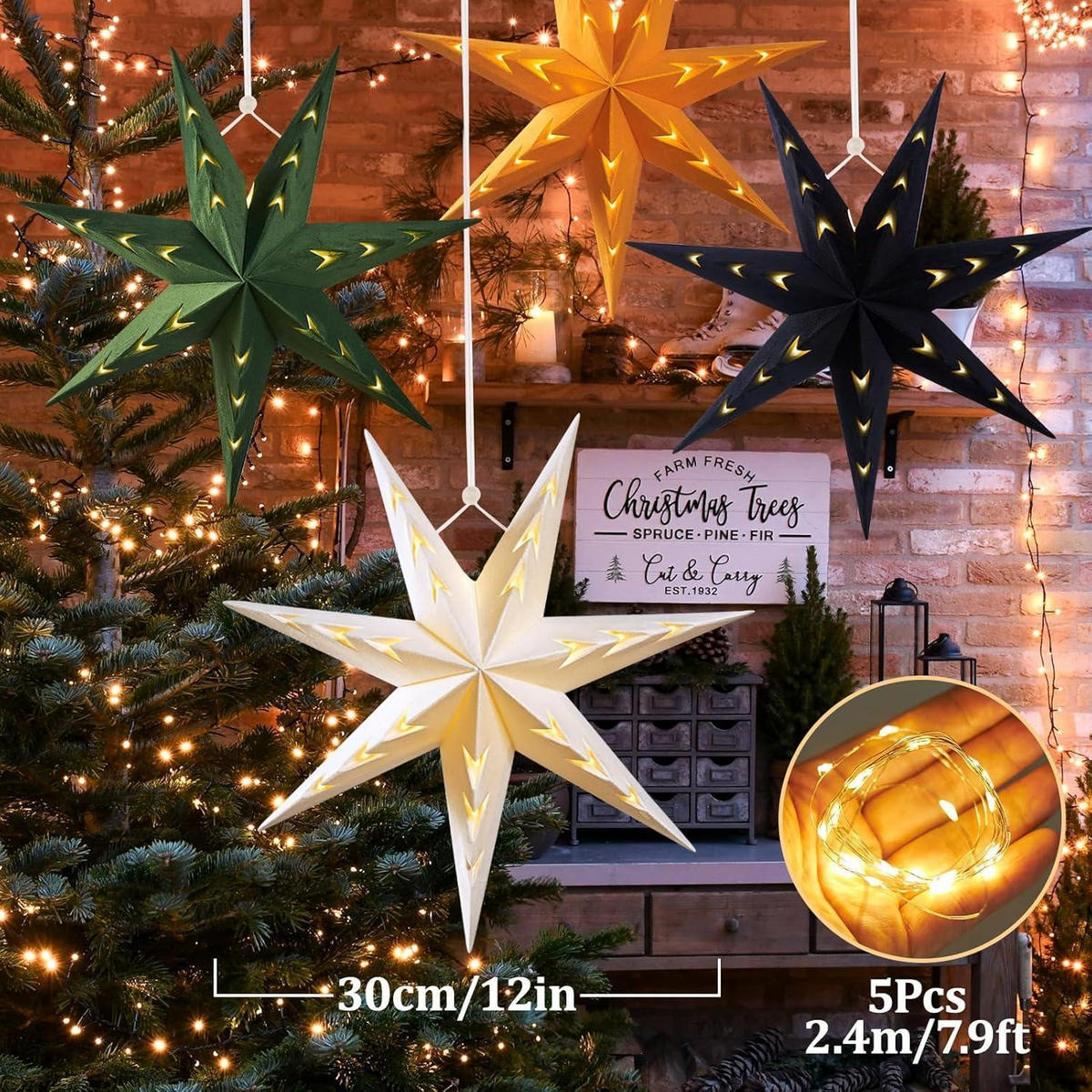 PAPIERSTERNE 5er Set beleuchtet 30 cm - Multicolor, Papier (30/10/30cm)