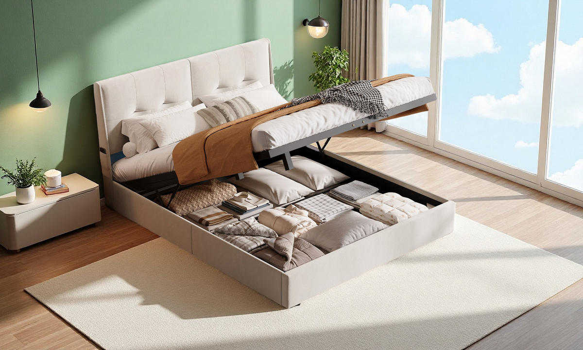 POLSTERBETT 160/200 cm, Beige, Samtbezug, LED-Kopfteil & Bettkasten - Schwarz, Metall - SHOPENTRA