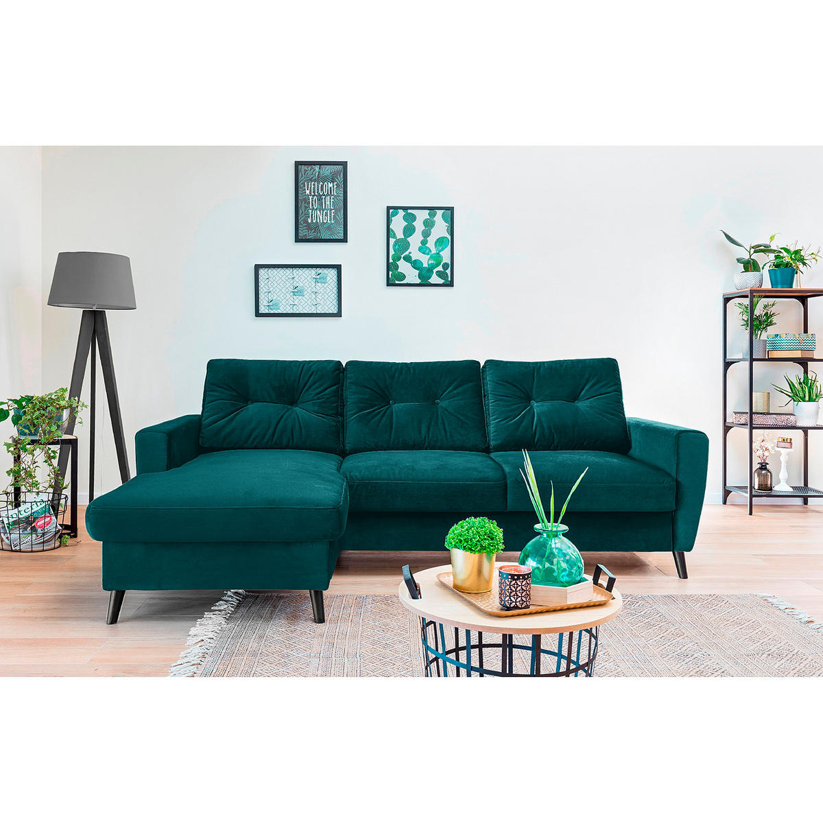 ECKSOFA mit Longchair - Petrol/Schwarz, Buchenholz/Textil (233/148cm) - home24