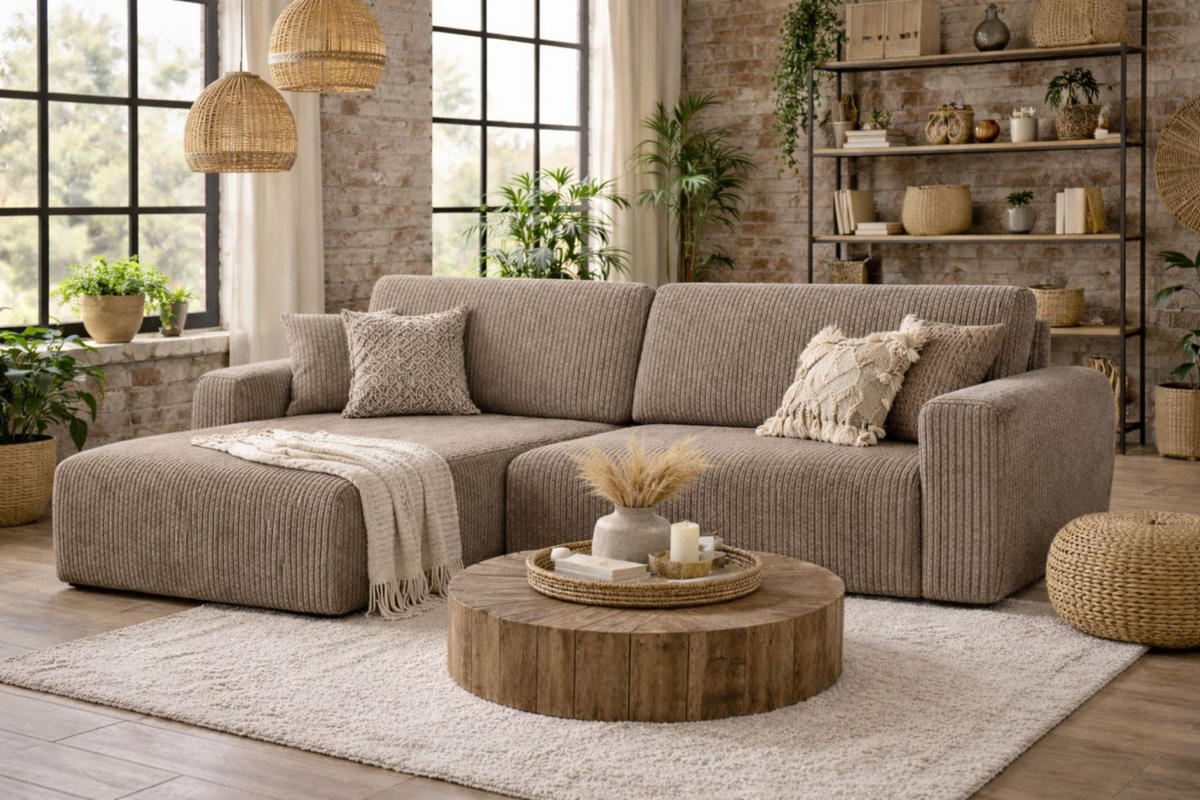 ECKSOFA Mit Schlaffunktion Ariel L, Cordstoff, Stoff Poso, Dunkelbeige, Links - Beige, Holz (250/142cm) - Kaiser Möbel