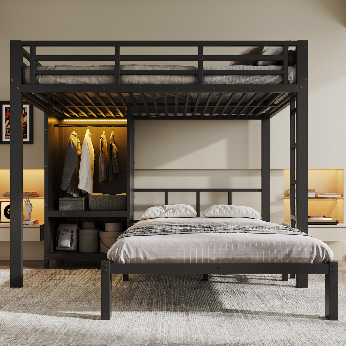ETAGENBETT 120/200 cm mit Kleiderschrank und LED, DE-41766, in Schwarz - Schwarz, Metall (120/200cm) - ComfortXL