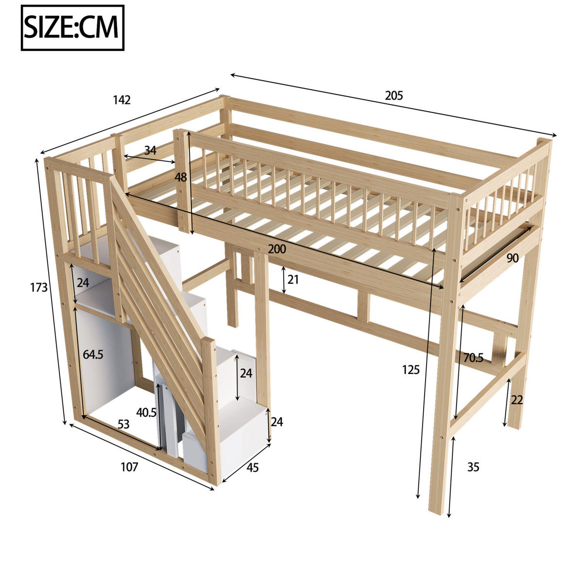 MASSIVHOLZBETT 90/200 cm, Natur mit Stauraumtreppe - Naturfarben, Holz (90/200cm) - MIVRAY