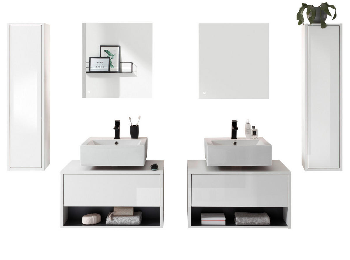 BADMÖBEL-SET 6-teilig weiß Hochglanz, grau, Komplettset mit LED Beleuchtung - Weiß Hochglanz/Grau, Glas/Holzwerkstoff (250/190/46cm) - Furn.Design