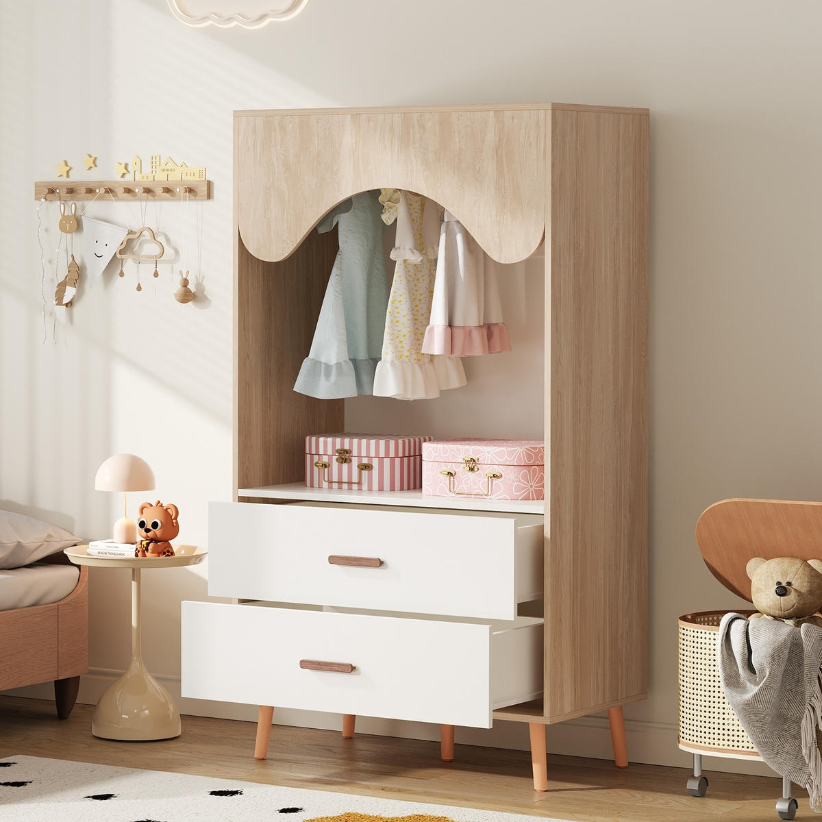 KINDERREGAL in Weiß und Naturfarben Kleiderschrank mit Kleiderstange und Schubladen für Kinderzimmer, B80/T46/H141.5cm - Naturfarben/Weiß, Holz/Holzwerkstoff (80/141.5/46cm) - STILVORA