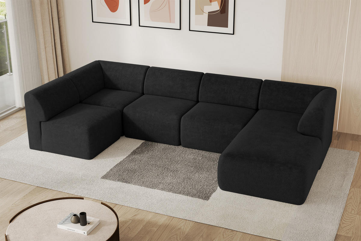 WOHNLANDSCHAFT Ottomane Rechts MOVO-L 345x180x78 cm Schwarz Tissu - Schwarz Hochglanz, Holzwerkstoff/Kunststoff (180/78/345cm) - ALTDECOR