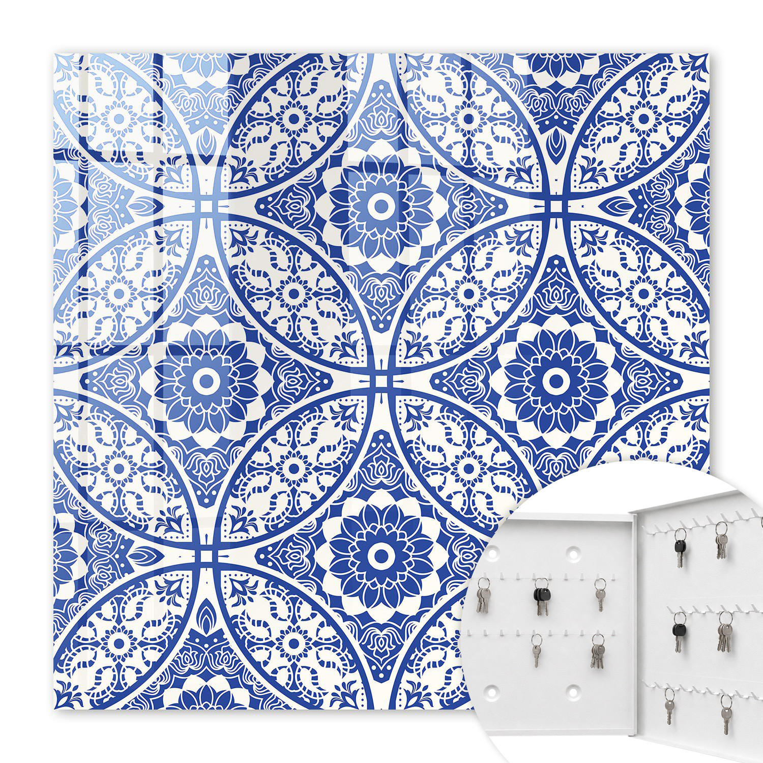 SCHLÜSSELBOX Weiß 30x30 cm – Türöffnung nach rechts - Blaues Mosaik - Blau, Metall (30/30/5cm) - TULUP