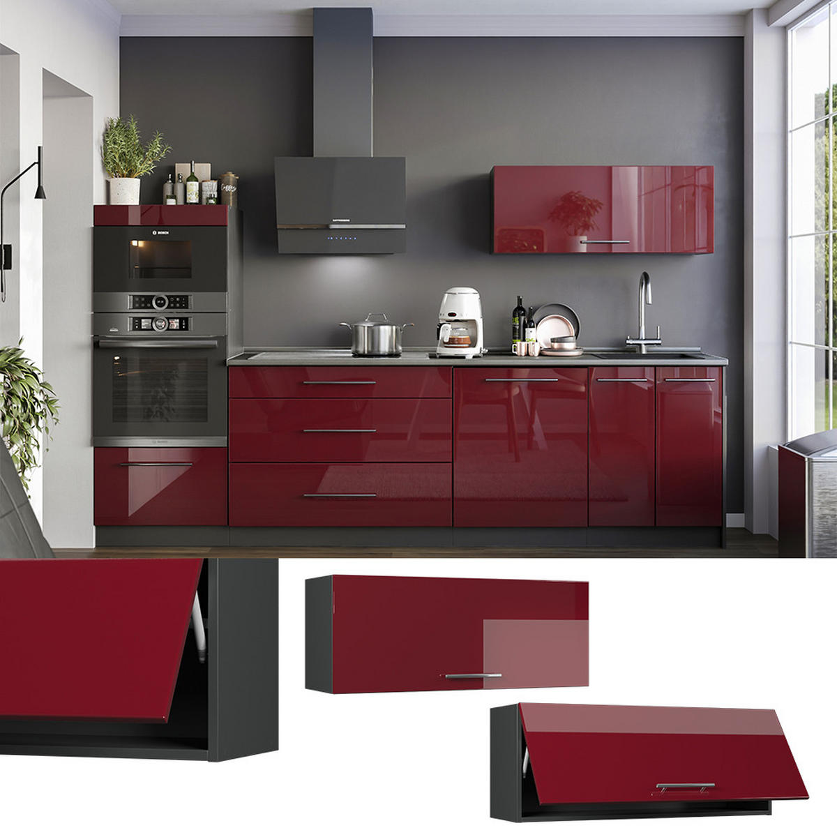 HÄNGESCHRANK Fame-Line, Bordeaux Hochglanz/Anthrazit, 100 cm - Bordeaux/Anthrazit, Holzwerkstoff (100/40/34.1cm) - Vicco