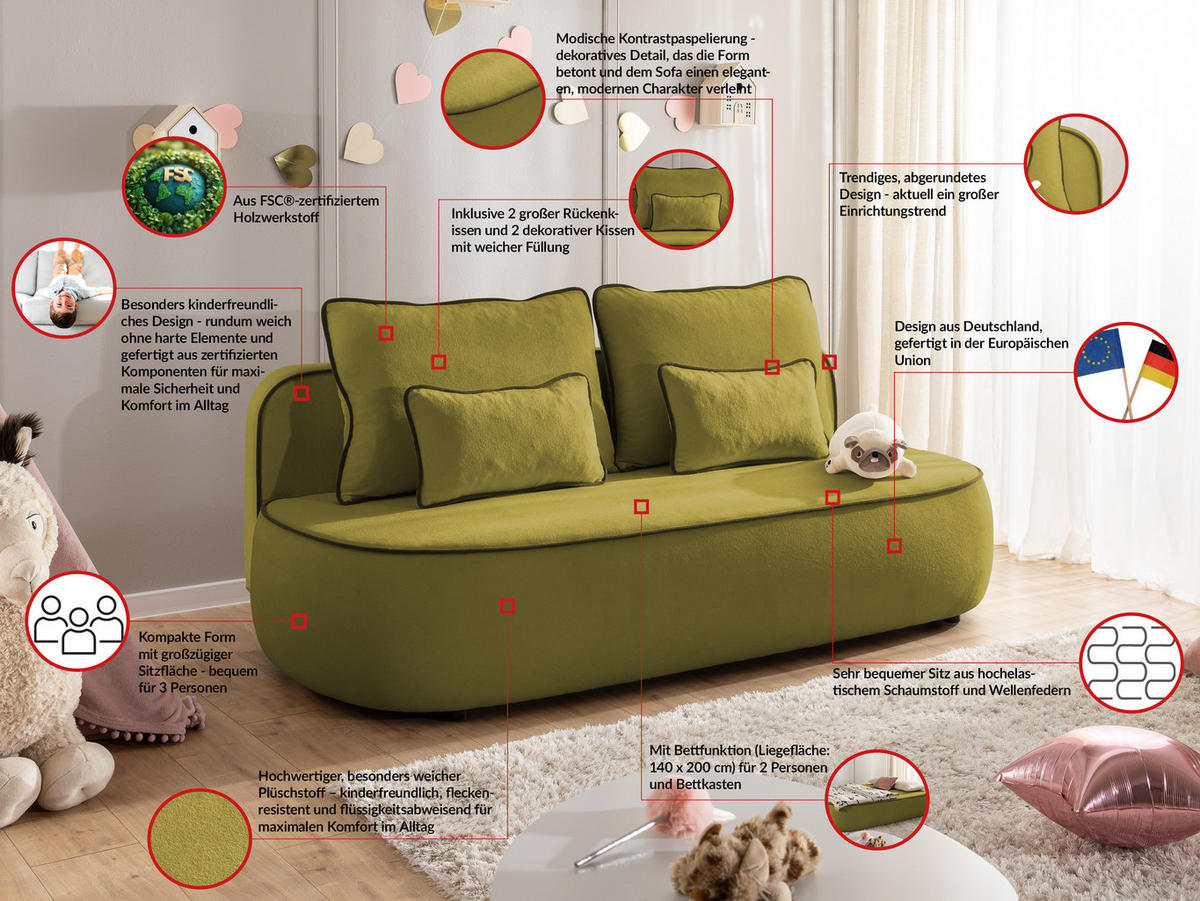 KINDERSOFA Vero im modernen und abgerundeten Design mit Schlaffunktion und Bettkasten aus Grün Plüschstoff mit dunkelgrüner Paspel - Schwarz/Grün, Holz/Kunststoff (210/90/98cm) - S-Style Möbel