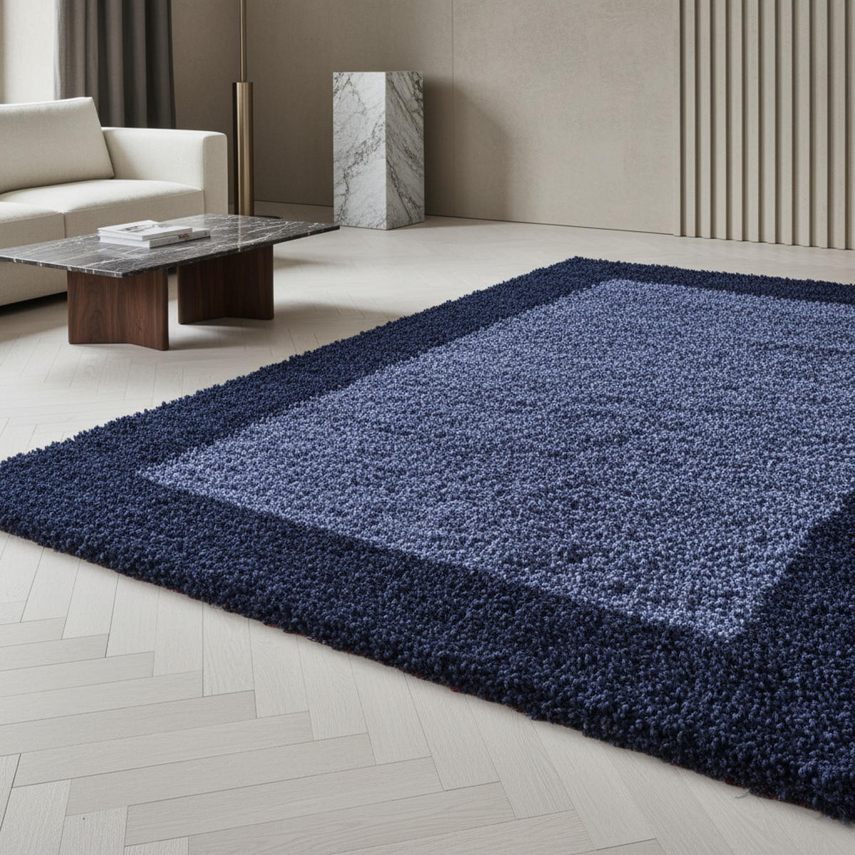 HOCHFLORTEPPICH Shaggy Bordüren-Design Kuschelig Waschbar Wohnzimmer Marineblau 100x200 cm – RHEIN - Blau, Textil (100/200cm) - KADIMA DESIGN