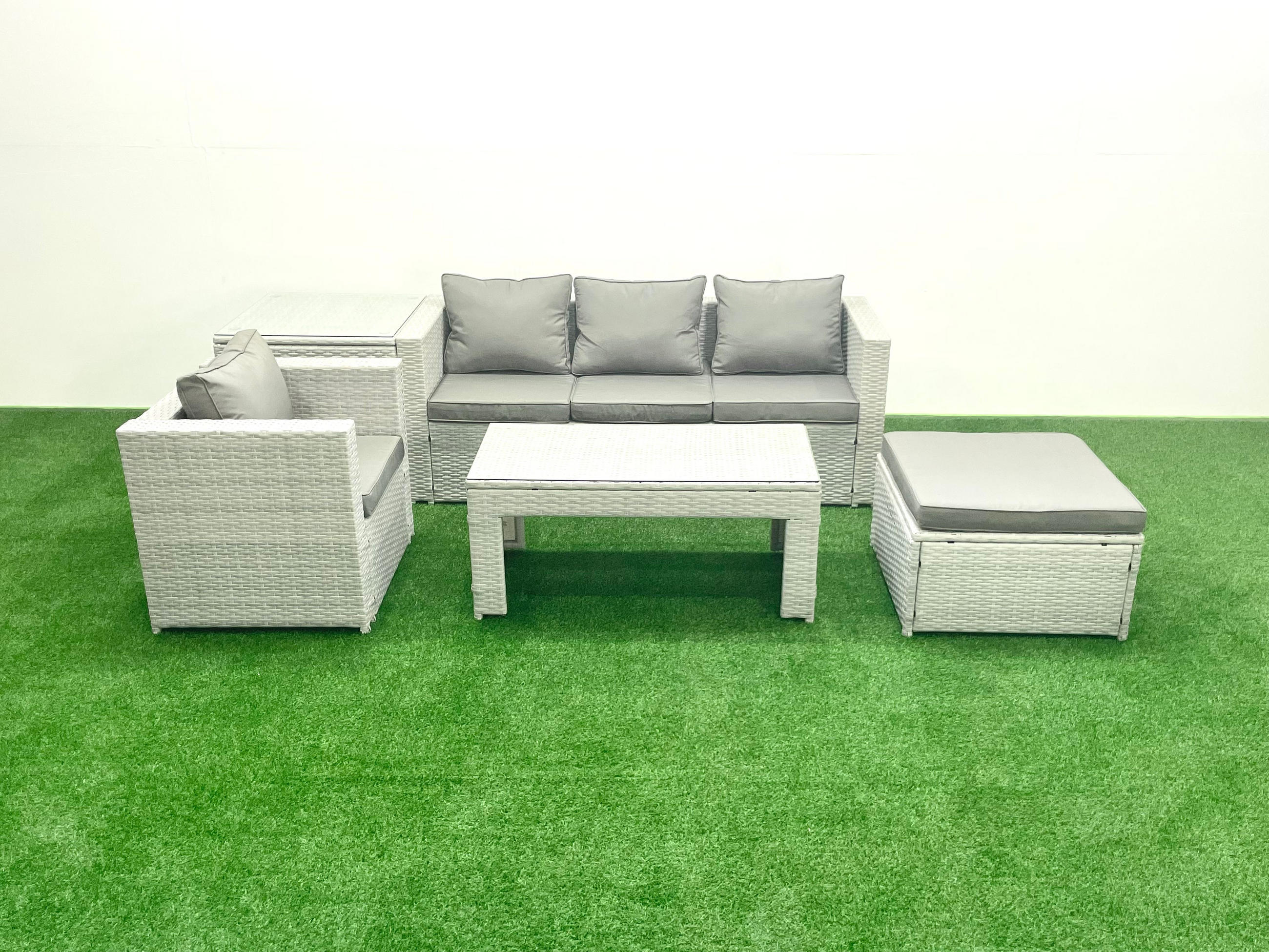 BALKONMÖBEL-SET Polyrattan Hellgrau-Mix 5-teilig - Hellgrau/Grau, Glas/Kunststoff - Fimous