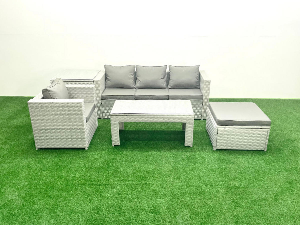 BALKONMÖBEL-SET Polyrattan Hellgrau-Mix 5-teilig - Hellgrau/Grau, Glas/Kunststoff - Fimous