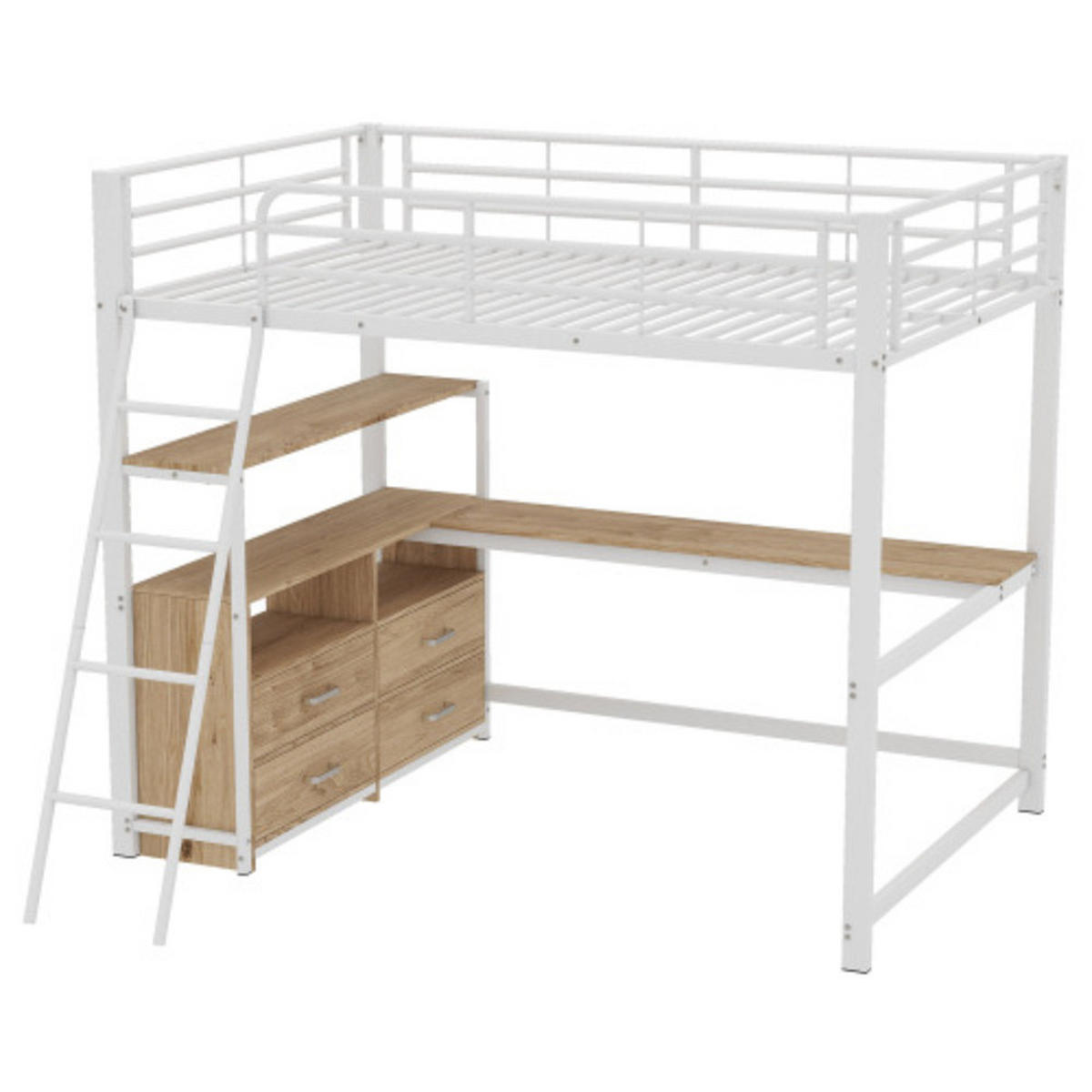 HOCHBETT 140 × 200 cm mit Metallrahmen, L-förmigem Schreibtisch und 4 Schubladen, weiß - Weiß, Metall - Luhomfu
