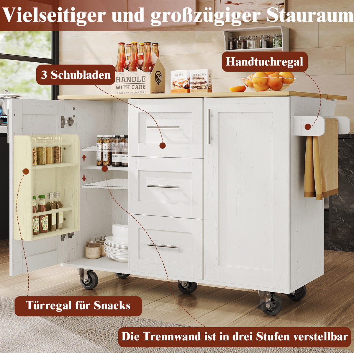 KÜCHENWAGEN 135x74x87.2cm Weiß mit Klappseiten, 3 Schubladen, Snackregal & 5 Rollen - Weiß, Holzwerkstoff (135/87.2/74cm) - Modfu