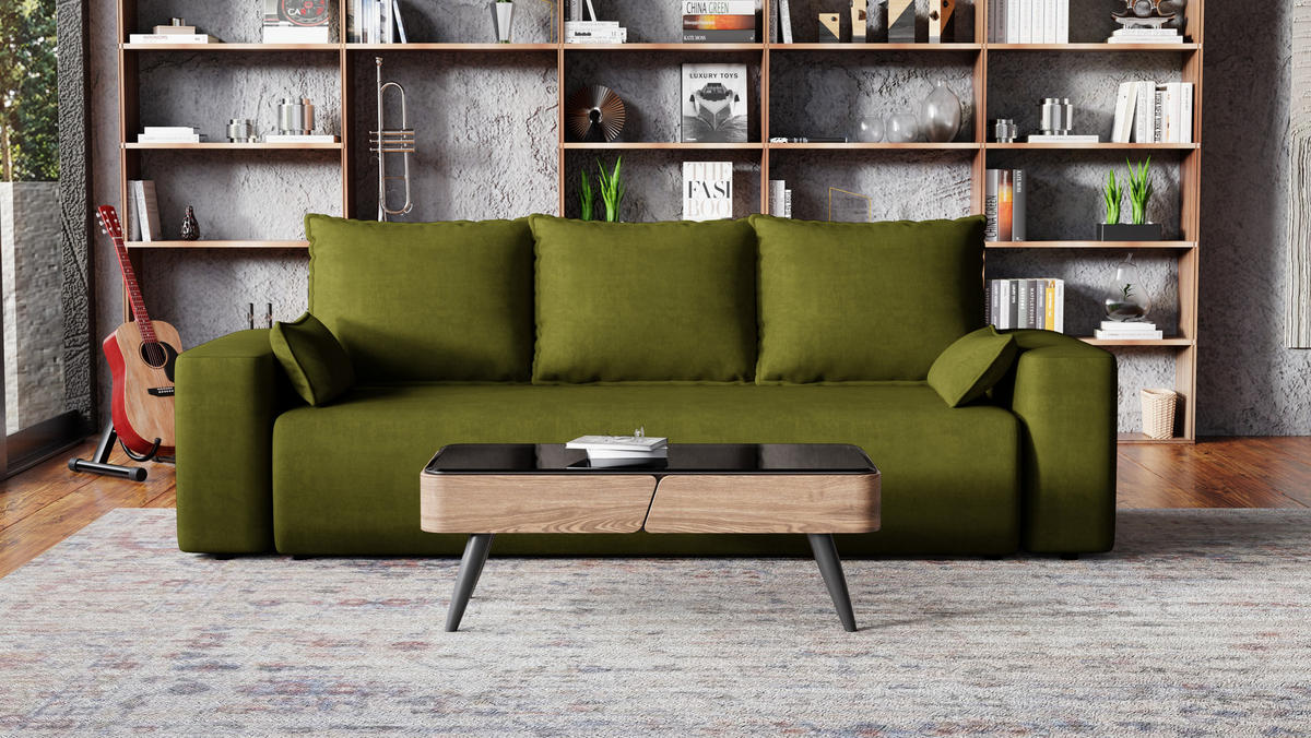 SOFA Bubi mit Bettkasten und Schlaffunktion, Velourstoff - Olivgrün, Holzwerkstoff (242/85/95cm)