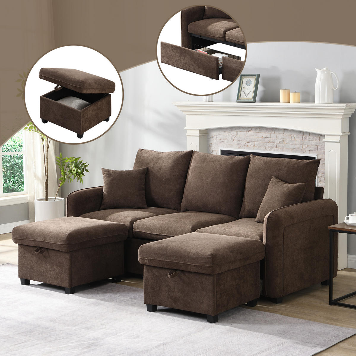 WOHNLANDSCHAFT 5-Sitzer Chenille Antikbraun mit Schlaffunktion, Schubladen, Stauraum und mit Kissen - Braun, Holzwerkstoff/Kunststoff (188/86/82cm) - WISHDOR