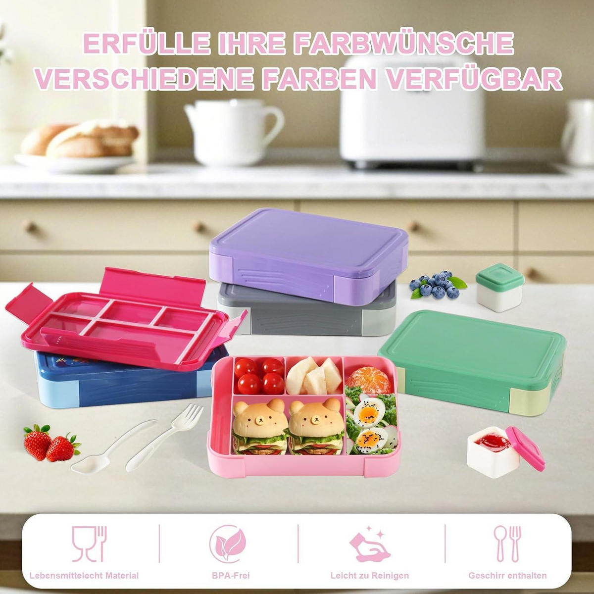 BROTDOSE Kinder 1300ml 6 Fächer Auslaufsicher Rosa - Rosa, Kunststoff (18/5.5/23cm)