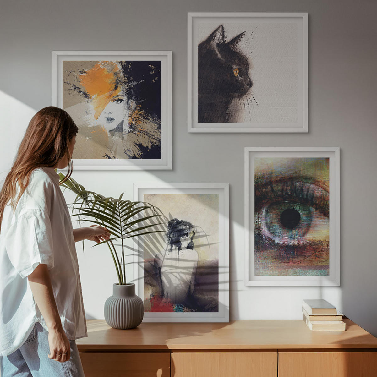BILDER SET 4er Set - 50x50 cm & 40x60 cm Weißer Rahmen - Porträt einer Frau, Auge, Farben, Emotionen - Weiß, Kunststoff (50/50cm) - TULUP