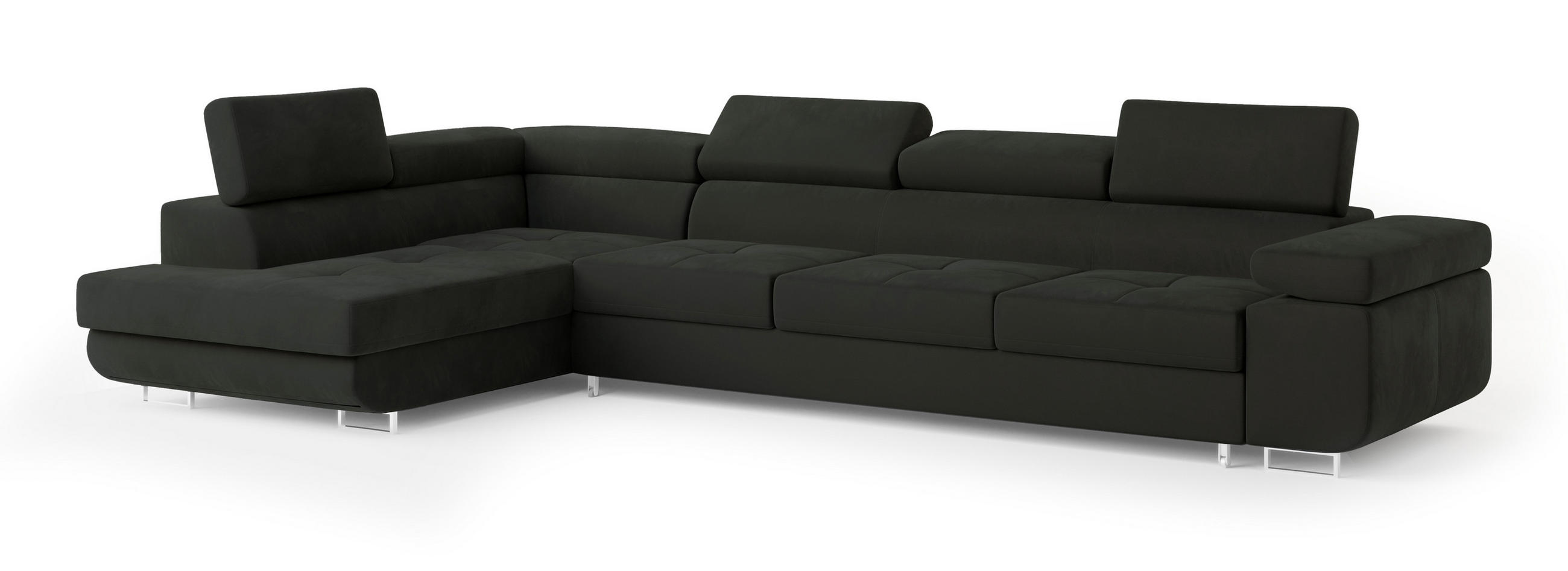ECKSOFA VICENTE Schwarz Velours-Stoff mit Schlaffunktion - Schwarz, Holz (346/202cm) - MASSENO