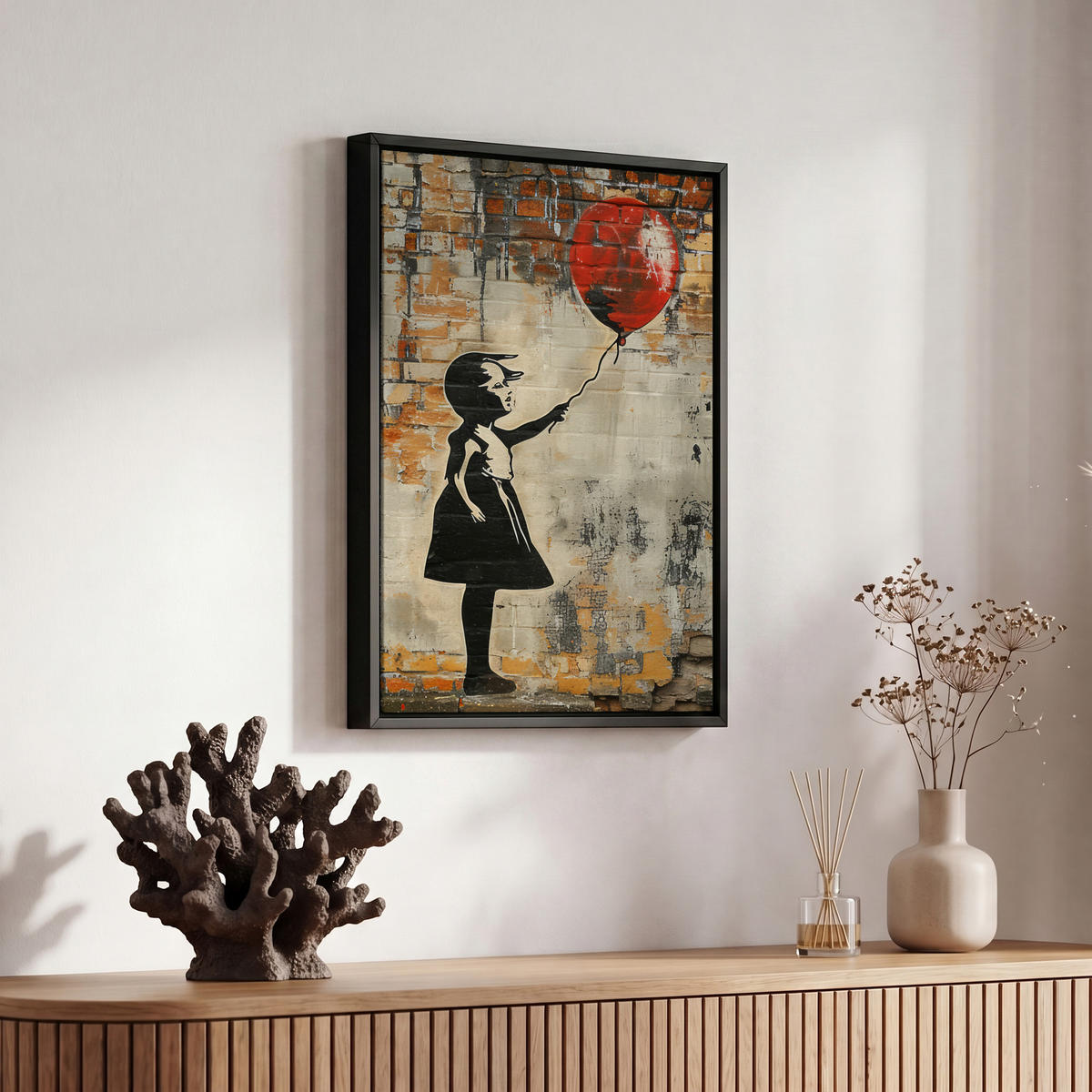 LEINWAND Bilder mit Rahmen - Graffiti - Banksy - Mädchen - Straßenkunst - 20x30 - Sandfarben, Textil (20/30cm) - MuchoWow
