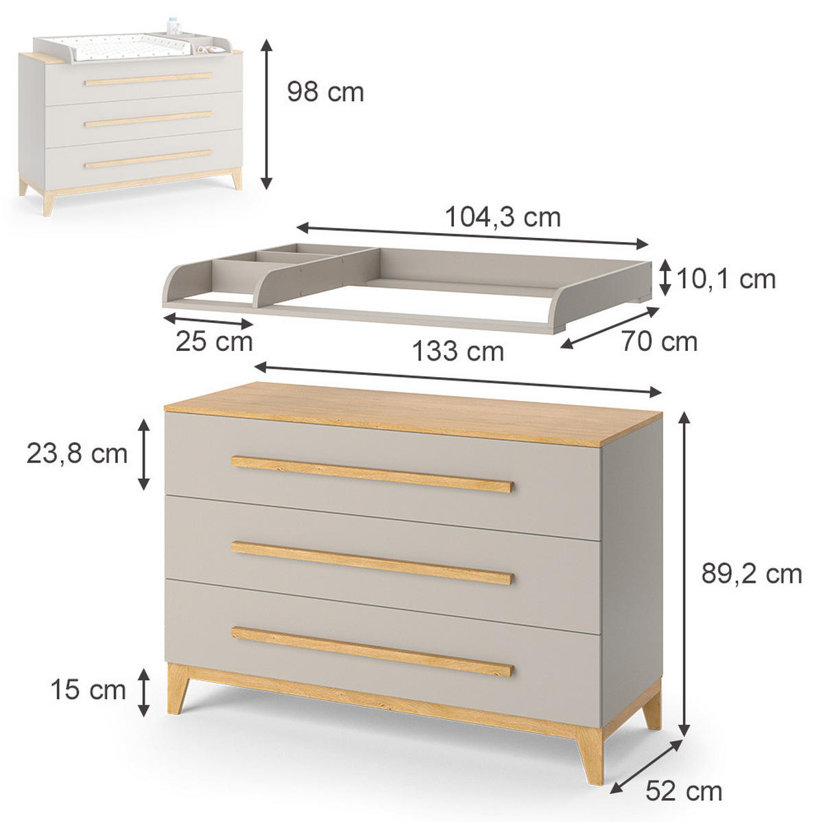WICKELKOMMODE Malia Cashmere-Eiche 133 x 98 cm XL mit 3 Schubladen - Kaschmir, Holzwerkstoff (133/98/70cm) - VitaliSpa