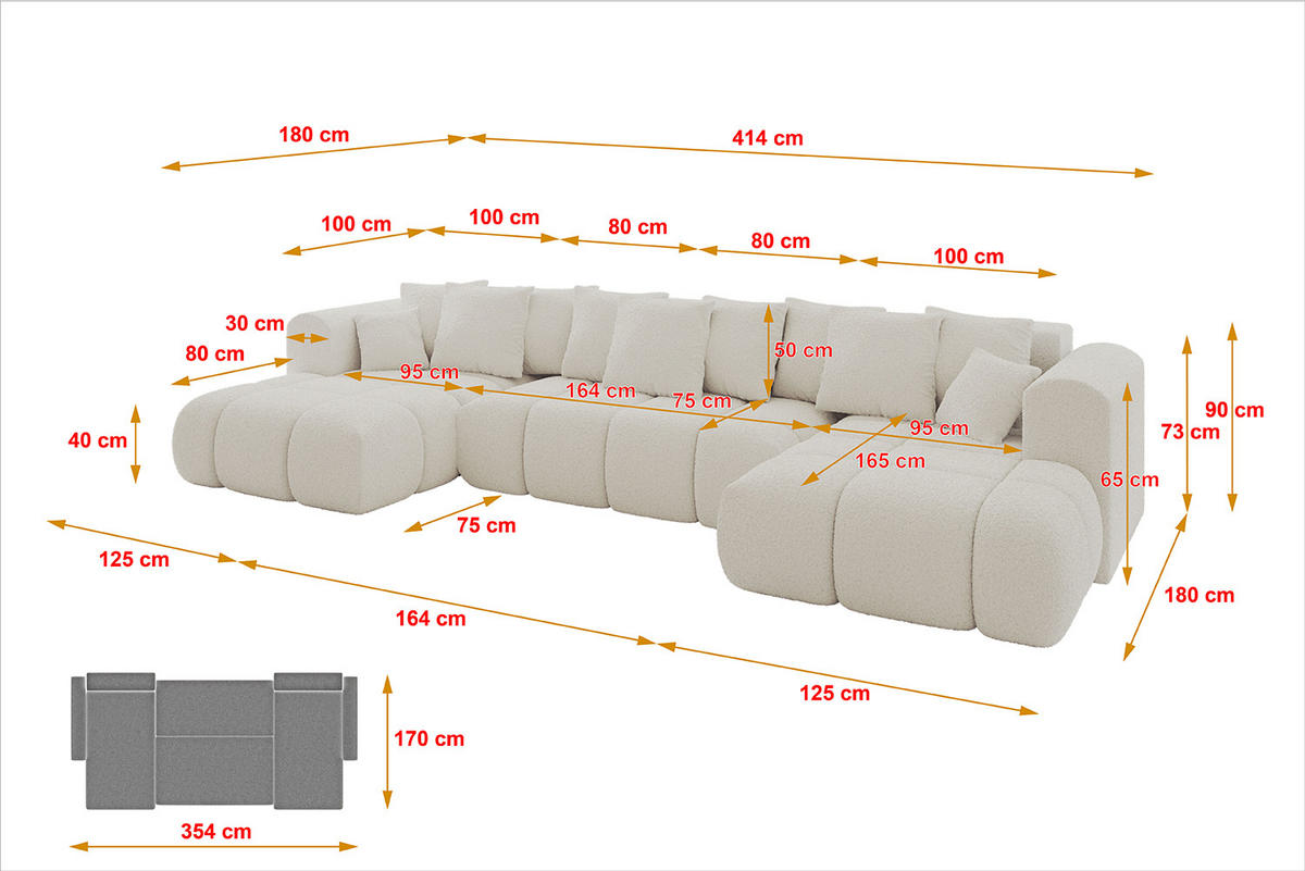 WOHNLANDSCHAFT Ottomane Links CLOUD-U-v1 414x180x40 Weiß Bouclé - Weiß, Holzwerkstoff/Kunststoff (414/90/180cm) - ALTDECOR