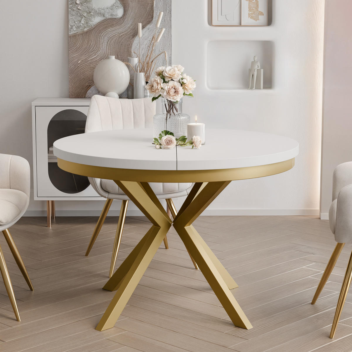 AUSZIEHTISCH MILTON 100-176/76 cm mit Metallgestell, Gold / Arktisweiß - Goldfarben/Weiß, Holzwerkstoff/Metall (100/100/76cm) - Idohome