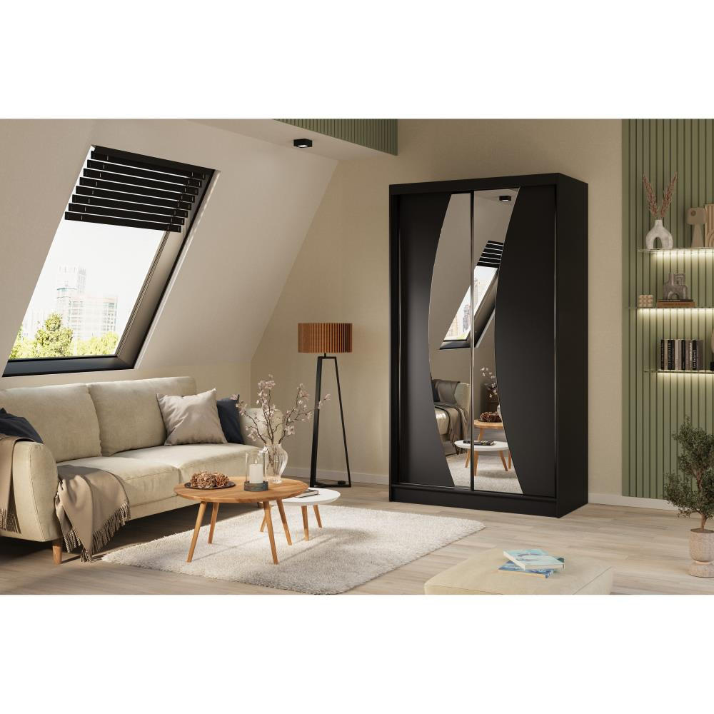 SCHWEBETÜRENSCHRANK Vox 120/216/61 schwarz mit Spiegel und Schubladen - Schwarz, Holzwerkstoff (120/216/61cm) - Beautysofa