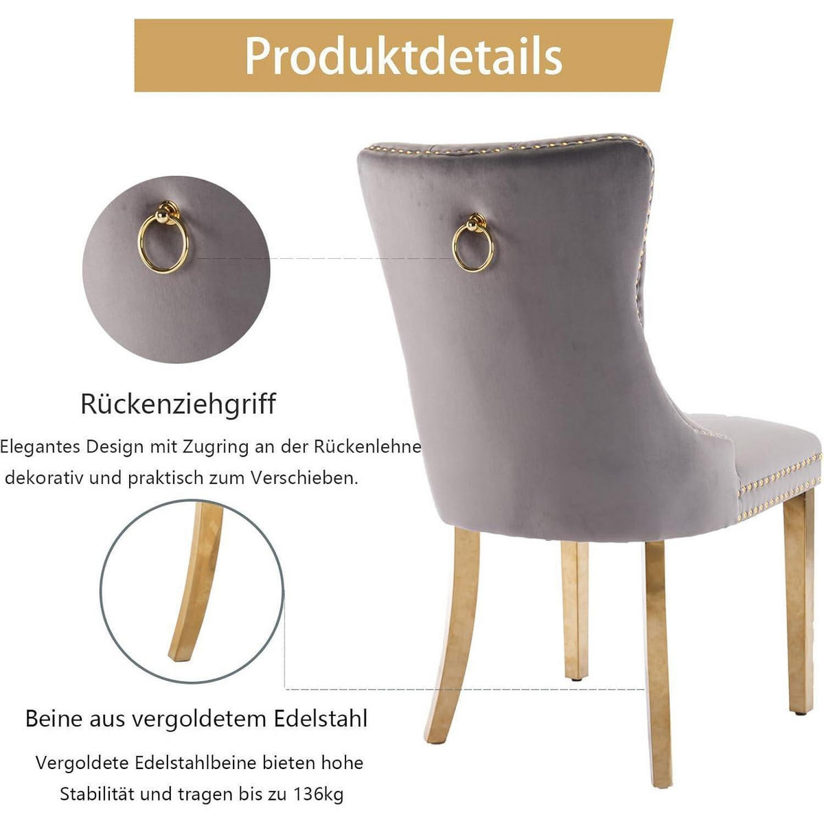 ESSZIMMERSTÜHLE 6er-Set Samt Grau mit goldenen Edelstahlbeinen - Grau, Textil (50/95.2/62cm)