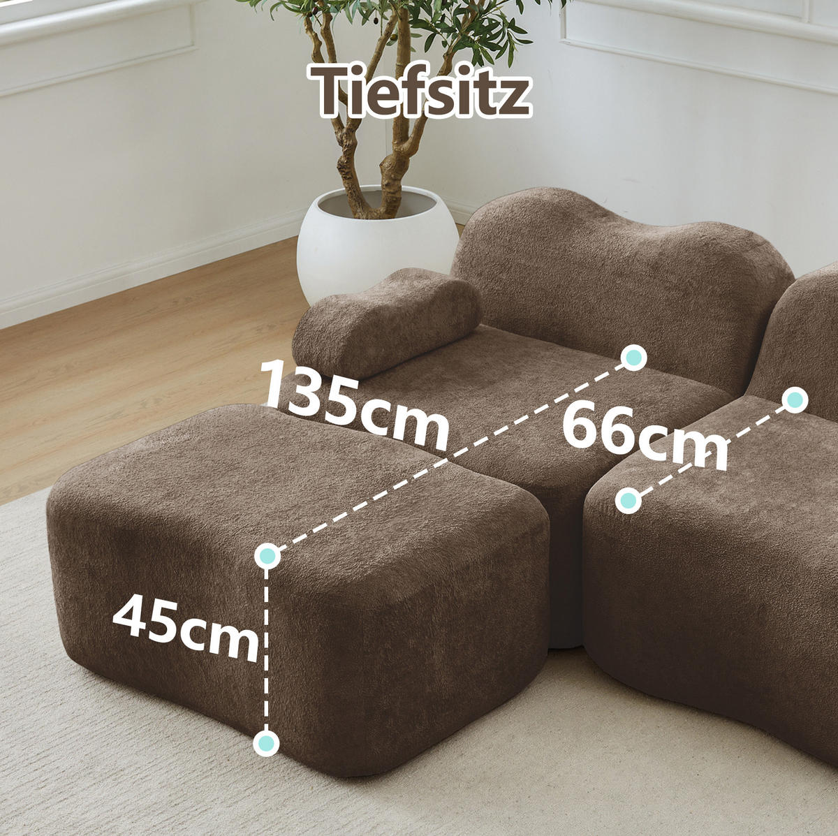 ECKSOFA 288/167/70 cm in Braun aus Samt mit Hocker - Braun, Textil (167/288cm) - Flora Grace