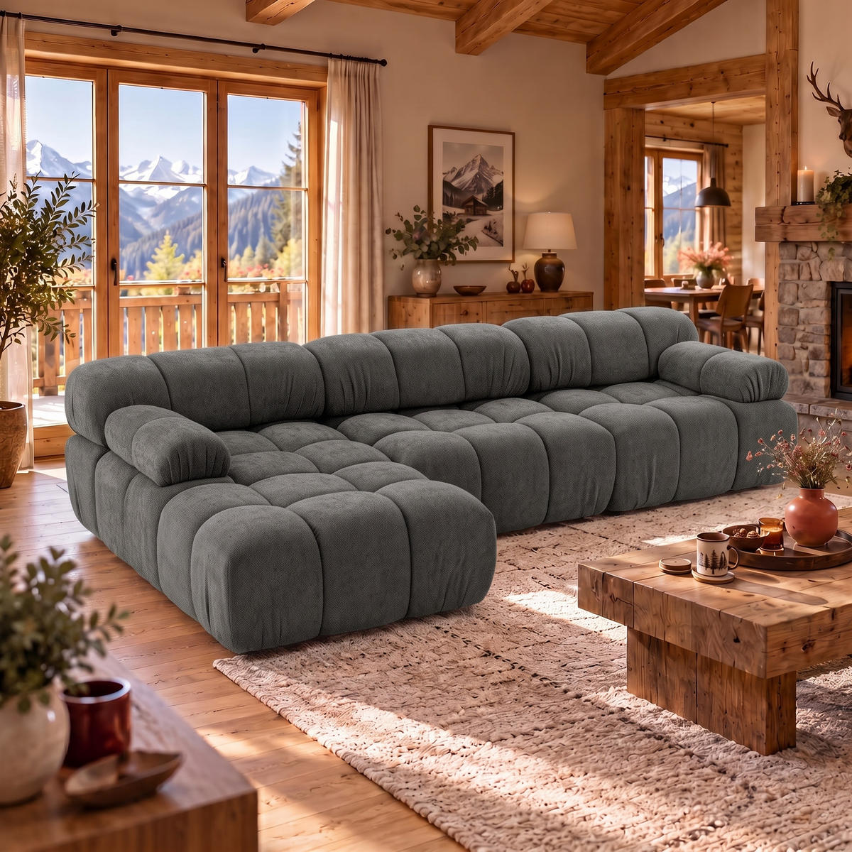 MODULARES Ecksofa MOMENTUM L, Links, Breite 282 cm, strukturierter Stoff, Dunkelgrau - Chromfarben/Dunkelgrau, Holz/Textil (282/155cm) - Muffo