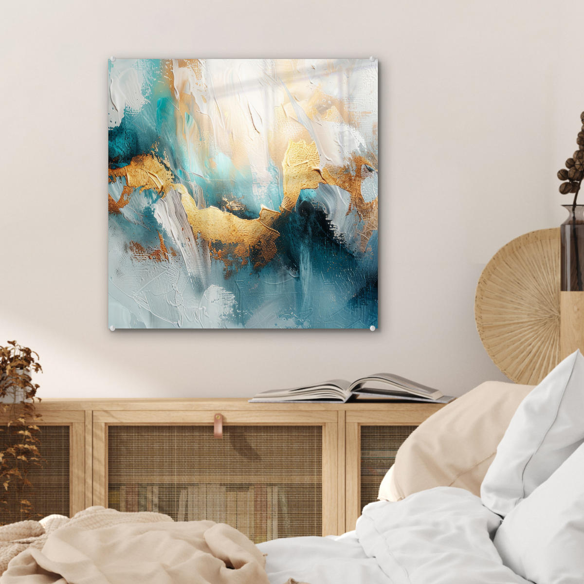 OBRAZ NA AKRYLOVOM SKLE Abstraktné - umenie - zlaté - modré 50x50 cm - petrolejová, sklo (50/50cm) - MuchoWow