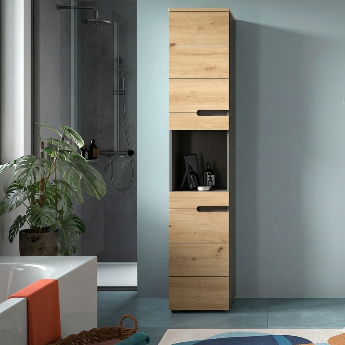 BADEZIMMERSCHRANK mit 2 Türen und 1 Nische 34/193/38 cm - Eschefarben, Holzwerkstoff (34/193/38cm) - Calicosy